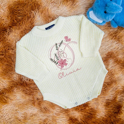 Floral Monogram Embroidery Baby Romper - SwaddleAn