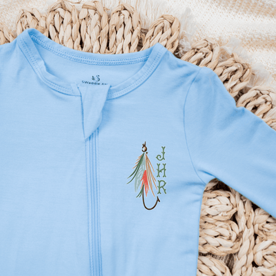 Embroidered Monogram Fly Fishing Baby Pajamas - SwaddleAn