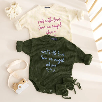 Embroidered Knit Baby Romper in Guardian Angel