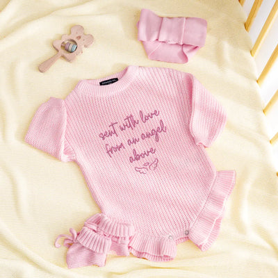 Embroidered Knit Baby Romper in Guardian Angel
