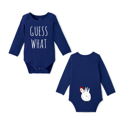 'Guess What' Chicken Butt Bamboo Baby Onesie Blue Depths
