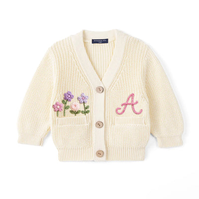 Hand-Embroidered Initial Floral Baby Cardigan