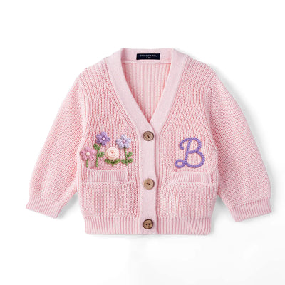 Hand-Embroidered Initial Floral Baby Cardigan