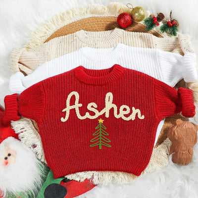 Hand Embroidered Christmas Name Baby Sweater - SwaddleAn
