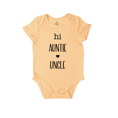 Beige baby onesie with 'hi AUNTIE UNCLE' text on a white background