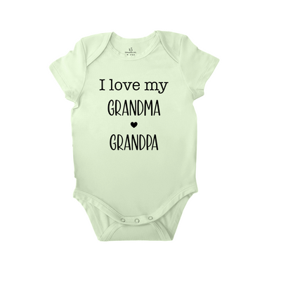 Light green baby onesie with 'I love my Grandma Grandpa' text on a white background