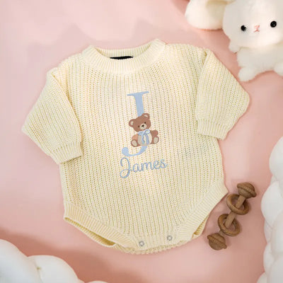 Initial Name Bear Embroidery Baby Romper - SwaddleAn