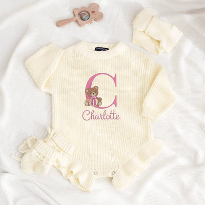 Initial Name Bear Embroidery Baby Romper