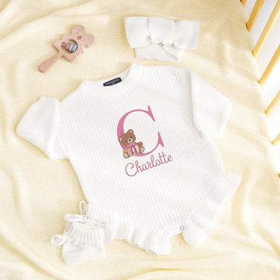 Initial Name Bear Embroidery Baby Romper
