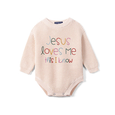 Jesus Loves Me This I Know Embroidered Knit Baby Romper