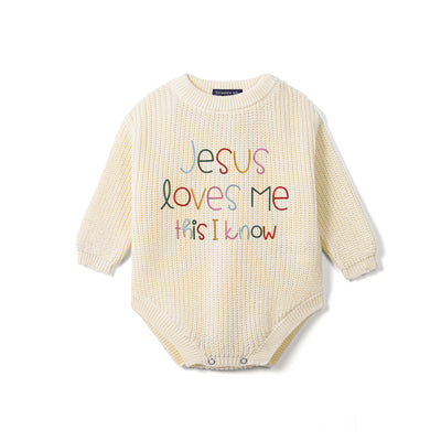 Jesus Loves Me This I Know Embroidered Knit Baby Romper Sand