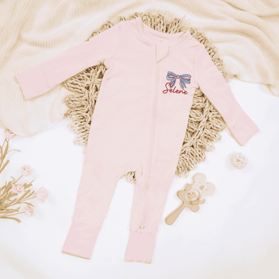 Embroidered Patriotic Striped Bow Baby Pajamas - SwaddleAn