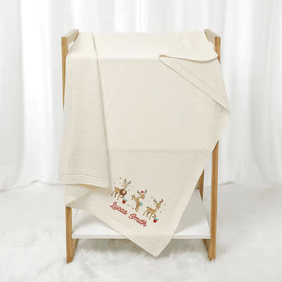 Personalized Cute Reindeer Christmas Embroidery Blanket - SwaddleAn