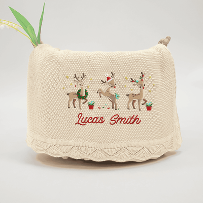 Personalized Cute Reindeer Christmas Embroidery Blanket - SwaddleAn