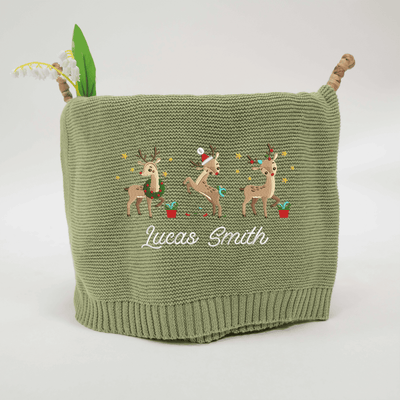 Personalized Cute Reindeer Christmas Embroidery Blanket - SwaddleAn