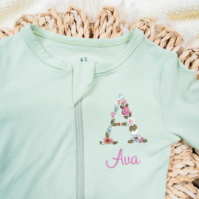 Personalized Embroidery Initial Floral Baby Pajamas - SwaddleAn