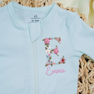 Personalized Embroidery Initial Floral Baby Pajamas - SwaddleAn