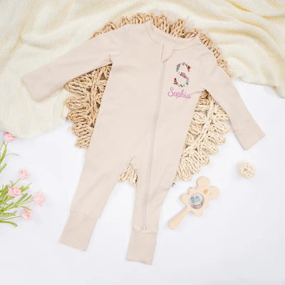 Personalized Embroidery Initial Floral Baby Pajamas - SwaddleAn