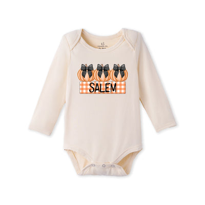 Personalized Halloween Trio Pumpkin Name Bamboo Baby Onesie