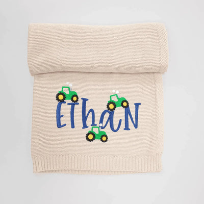 Personalized Tractor Embroidery Baby Boy Name Blanket - SwaddleAn