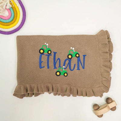 Personalized Tractor Embroidery Baby Boy Name Blanket - SwaddleAn