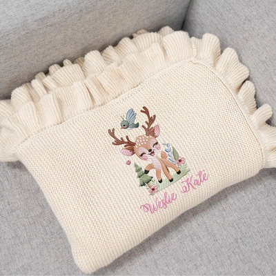 Reindeer Embroidery Baby Name Blanket - SwaddleAn