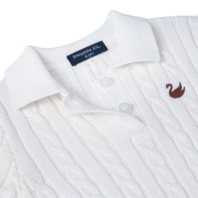 Cable Knit Polo Dress in White