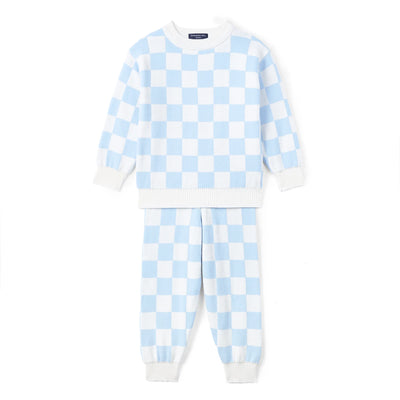 Blue Checker Knit Long Sleeve Crewneck Sweater