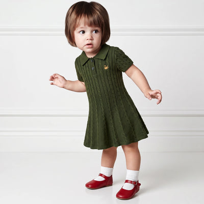 Cable Knit Polo Dress in Forest Green