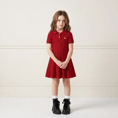 Cable Knit Polo Dress in Red Xmas