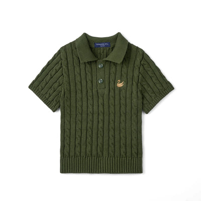 Cable Knit Polo Sweater in Forest Green