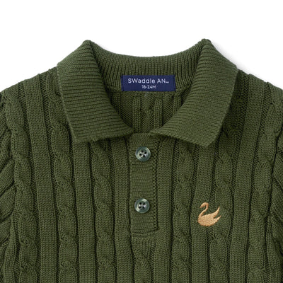 Cable Knit Polo Sweater in Forest Green