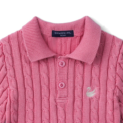 Cable Knit Polo Sweater in Rose Pink