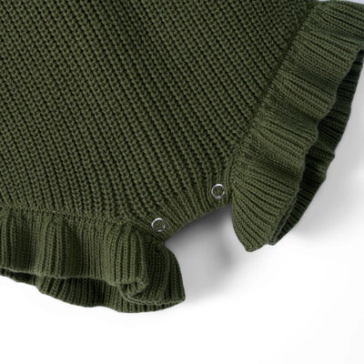 Ruffle Chunky Knit Baby Romper in Forest Green