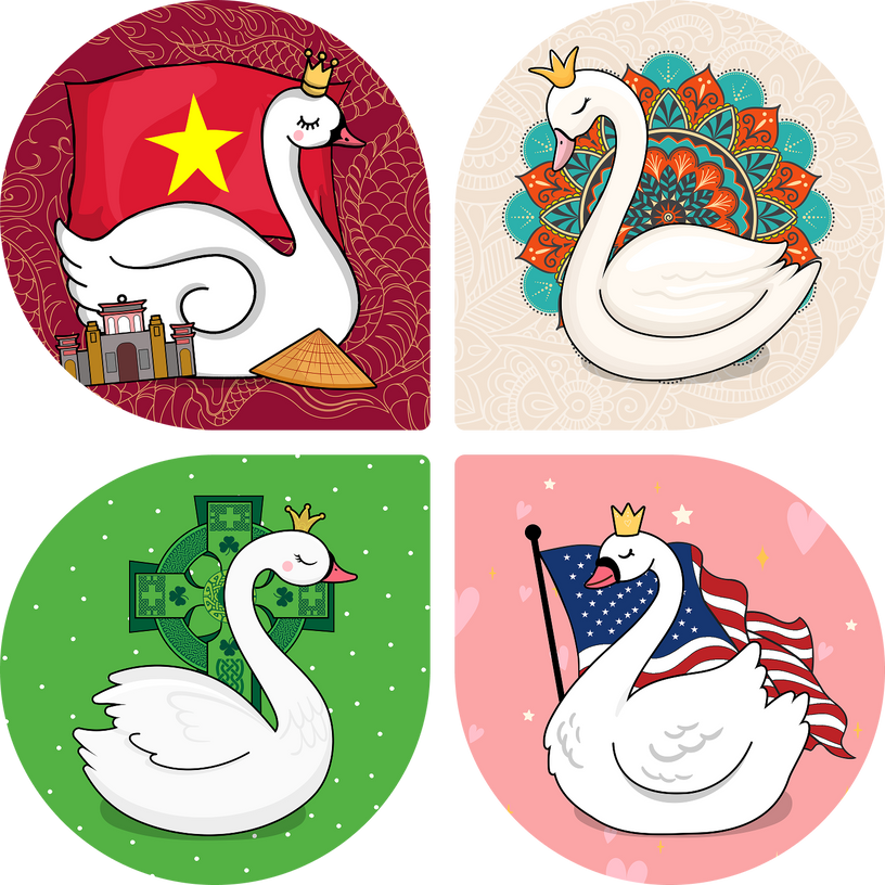 At the heart of our brand identity lies the majestic swan, a universal symbol of loyalty, fidelity, and unconditional love. Across numerous cultures, the swan represents

Vietnamese Folklore: Purity and nobility of the soul.
Western Traditions: Eternal love and devotion.
Hindu Mythology: Spiritual grace and divine beauty.
Celtic Lore: Transformation and inner beauty.
Our swan logo, with its elegant curves mirroring the gentle embrace of a swaddle, serves as a constant reminder of the enduring bond between p