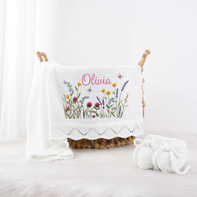 Wildflower Embroidered Baby Name Knit Blanket