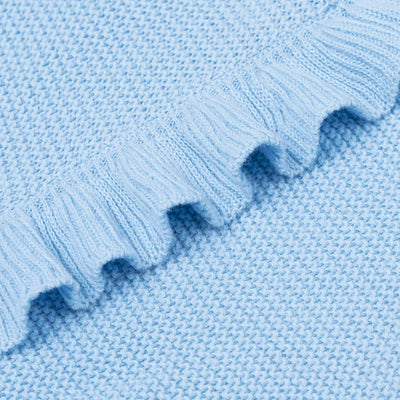 Close-up of blue ruffle knitted baby blanket with a zigzag pattern