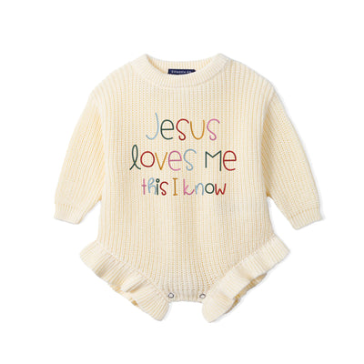 Jesus Loves Me This I Know Embroidered Knit Baby Romper