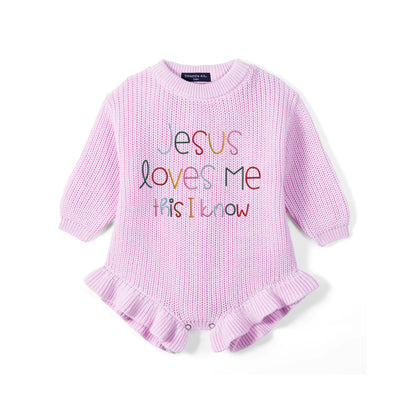 Jesus Loves Me This I Know Embroidered Knit Baby Romper