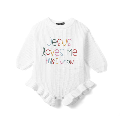 Jesus Loves Me This I Know Embroidered Knit Baby Romper