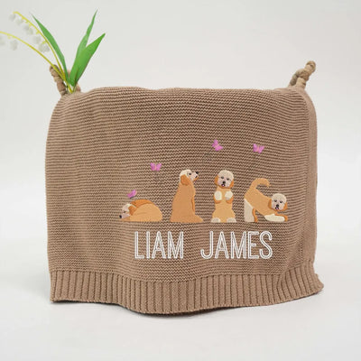 Mocha personalized baby girl blanket with embroidered golden doodles and text 'LIAM JAMES' on a white background