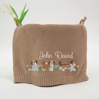 Mocha personalized baby blanket with embroidered shih tzus and 'John David' text on a white background