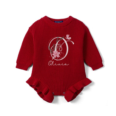 Custom Floral Initial Embroidered Knit Baby Romper
