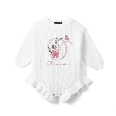 Custom Floral Initial Embroidered Knit Baby Romper