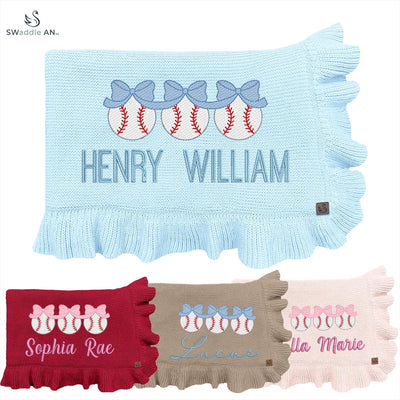 Personalized baby girl blankets with names and baseball bow designs on a white background