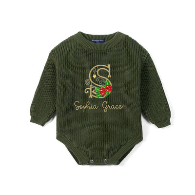 Custom Name Monogram Holly Knit Baby Romper
