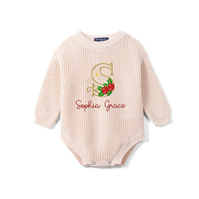 Custom Name Monogram Holly Knit Baby Romper