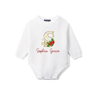 Custom Name Monogram Holly Knit Baby Romper