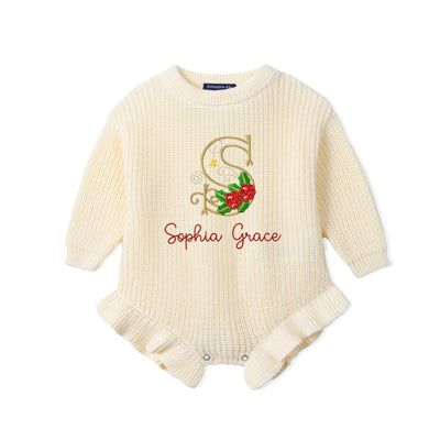 Custom Name Monogram Holly Knit Baby Romper