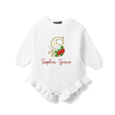 Custom Name Monogram Holly Knit Baby Romper